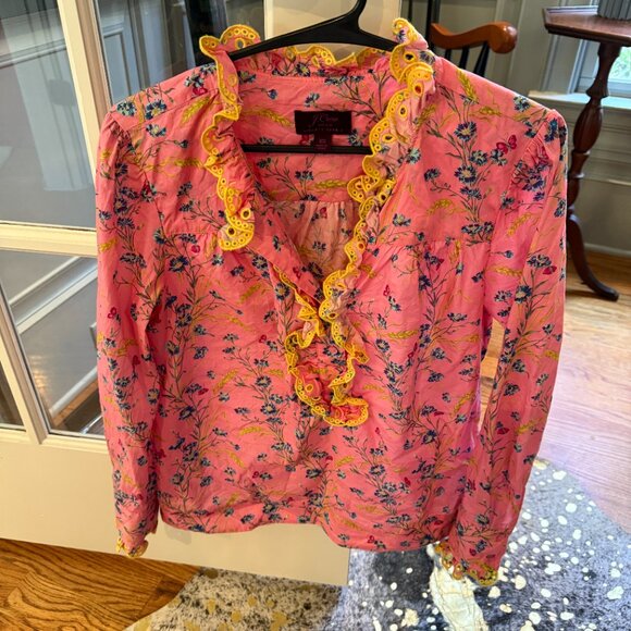 J Crew Liberty Fabric Flower Shirt Poplin Ruffle size XS - Picture 1 of 7